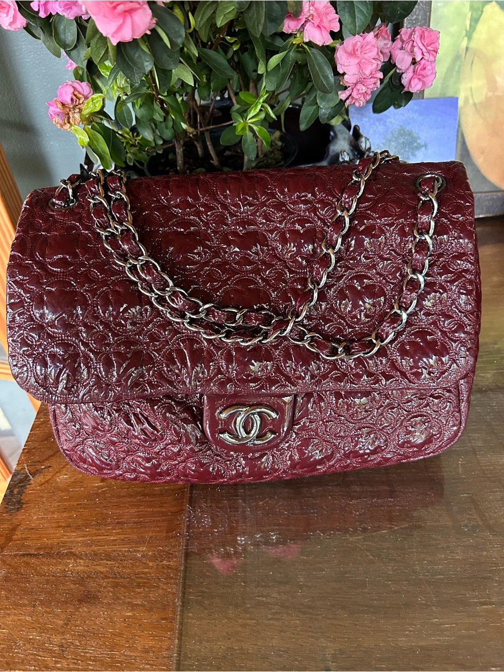 Chanel Patent Leather Camellia Jumbo Bag